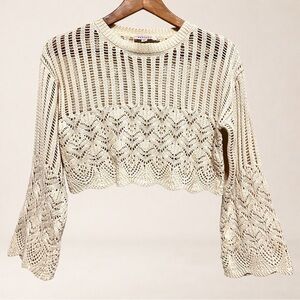 BRACKEN Crochet Crop Sweater Boho Festival Cottagecore Bell Sleeve Coquette